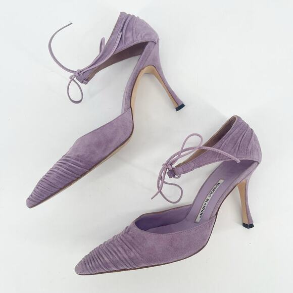 Manolo Blahnik Retro Lavender Suede Ruched Ankle Tie Pointed Toe Pump size IT 40 - Picture 5 of 11